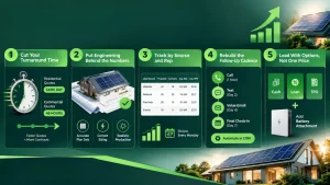 Five key strategies to increase solar proposal-to-contract conversion, including faster quote turnaround, engineering accuracy, conversion tracking, automated follow-ups, and cash, loan, TPO, and battery options.