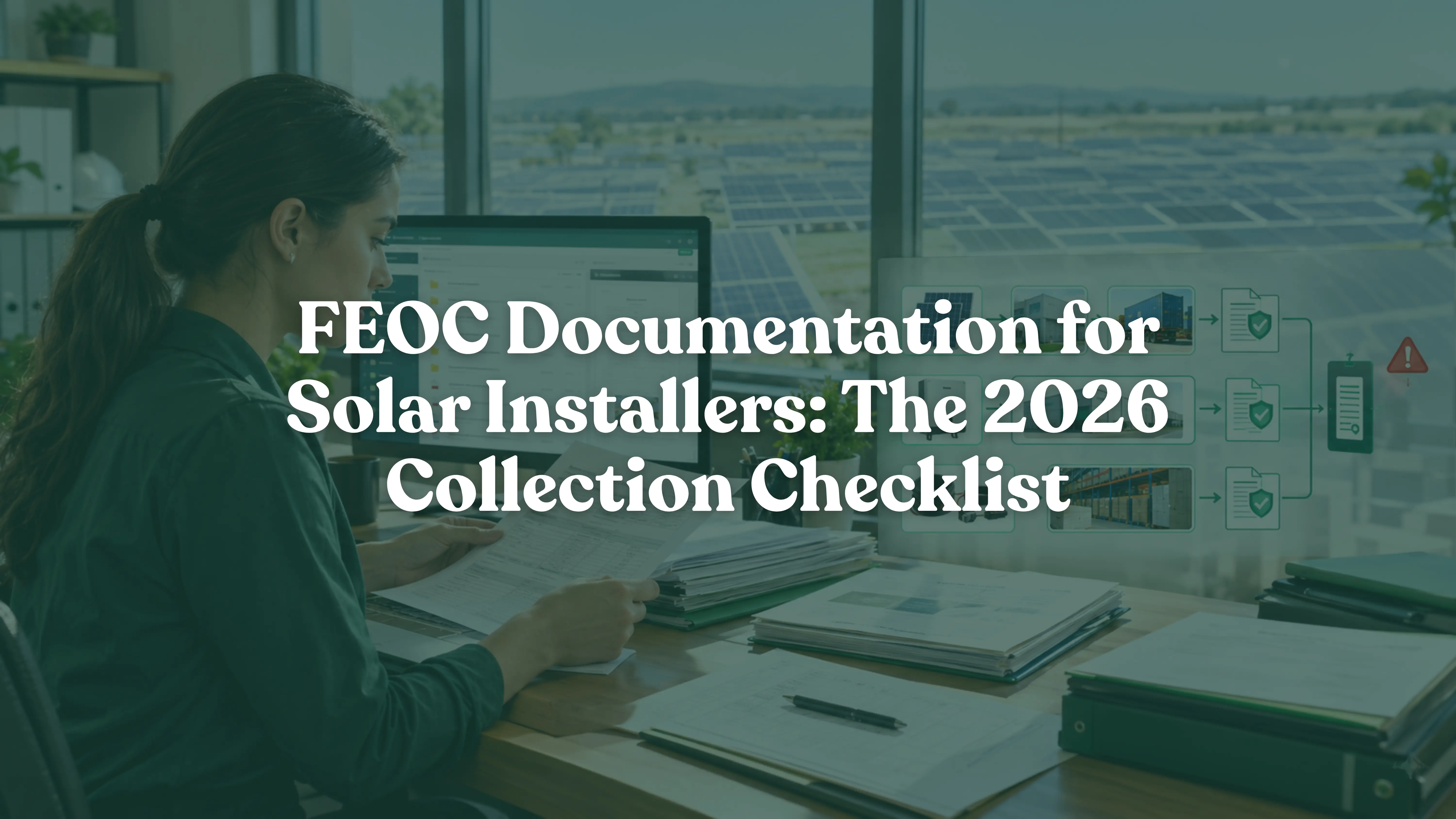Solar compliance manager reviewing FEOC documentation, supplier records, and purchase orders for a commercial solar project with a solar farm in the background.
