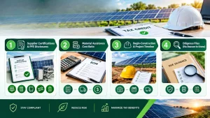 FEOC documentation checklist infographic for solar installers and EPCs highlighting supplier certifications, material assistance cost ratio, construction timeline records, and due diligence files using solar equipment, documents, and compliance icons.