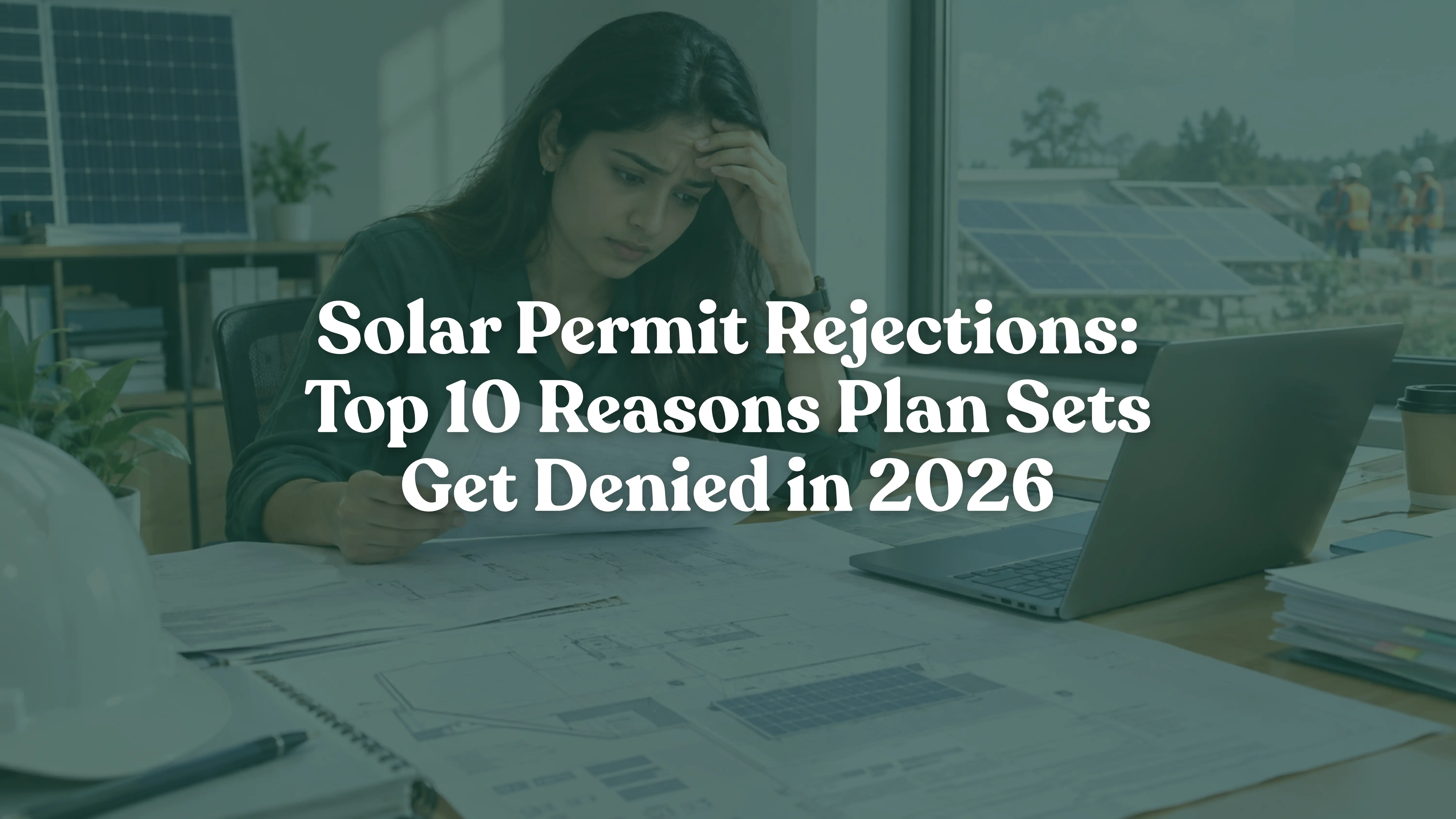 Solar project manager reviewing solar permit plans and engineering documents after a permit rejection, highlighting installation delays and compliance issues.