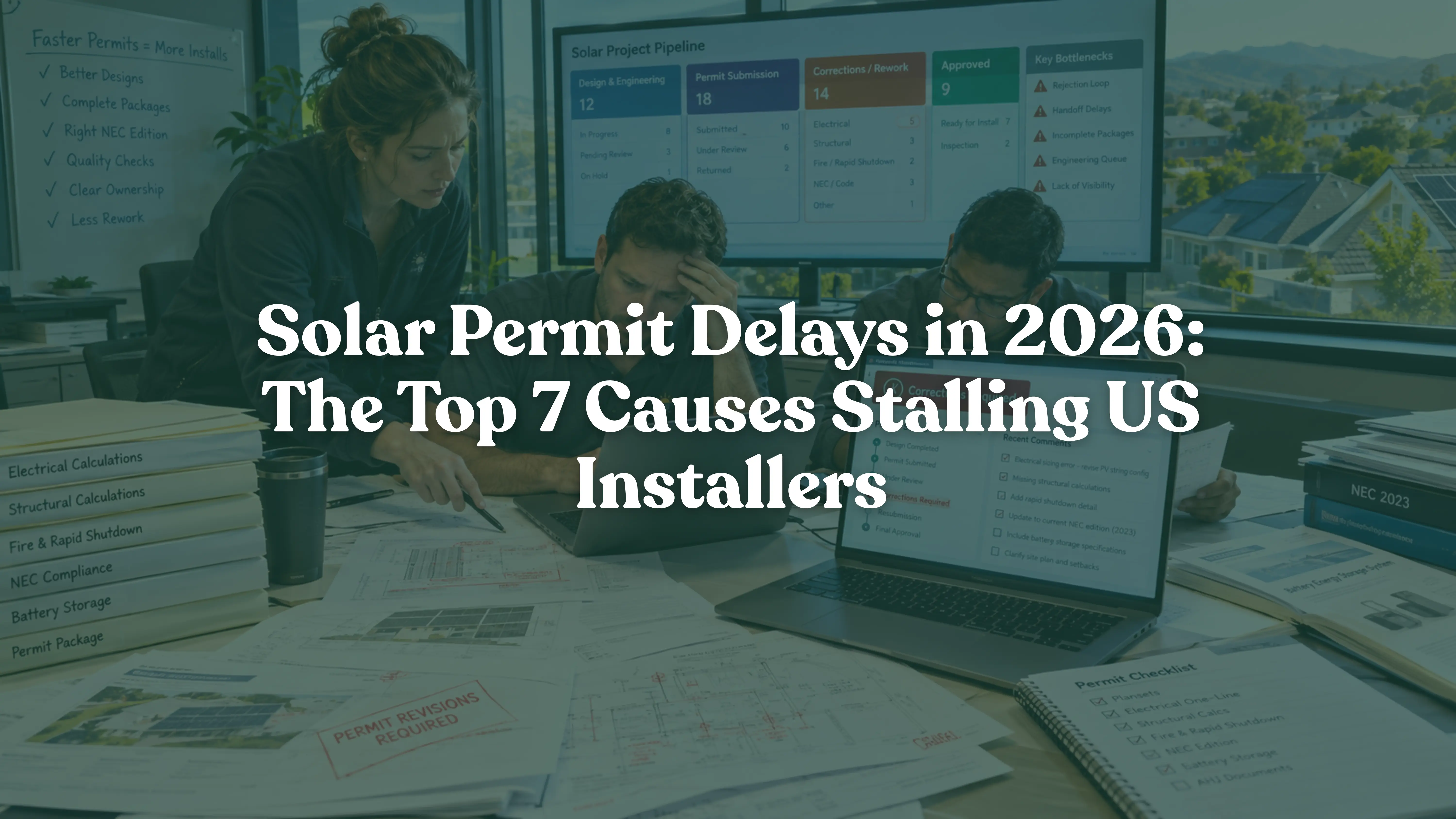 U.S. solar installers reviewing rejected permit plans, electrical calculations, structural documents, fire-code requirements, and battery storage paperwork in a modern engineering office, illustrating the top causes of solar permit delays in 2026.