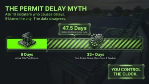 Chart showing solar permit delays of 47.5 days traditional versus 33 days with SolarAPP+