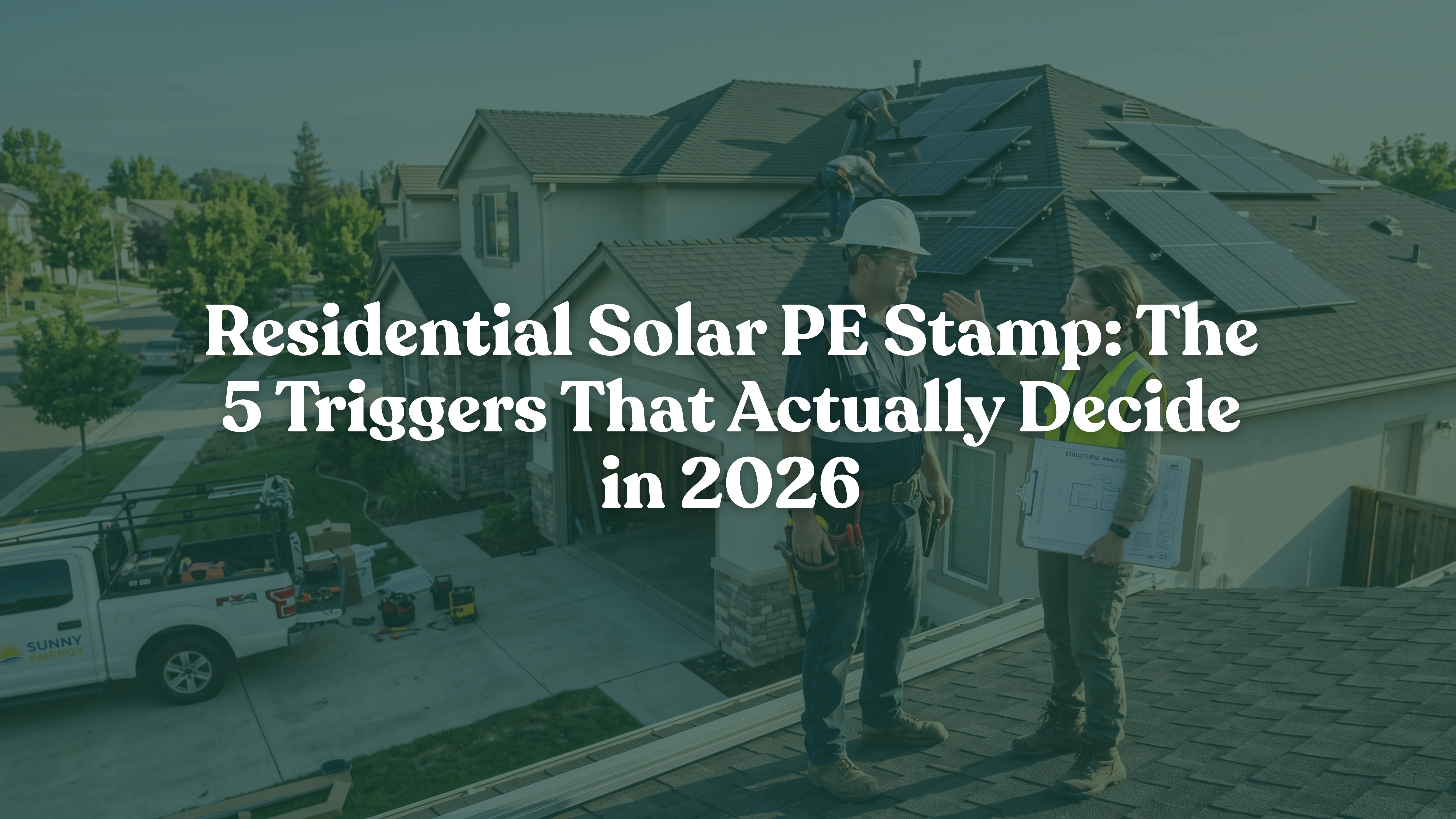 Residential solar installer and structural engineer reviewing roof blueprints and framing compliance for residential solar PE stamp approval in front of a suburban home.