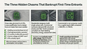 Residential to commercial solar pivot infographic showing three hidden chasms: sales qualification, engineering, financing