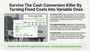 Residential to commercial solar pivot cash flow chart comparing weekly payroll against delayed C&I milestone payments