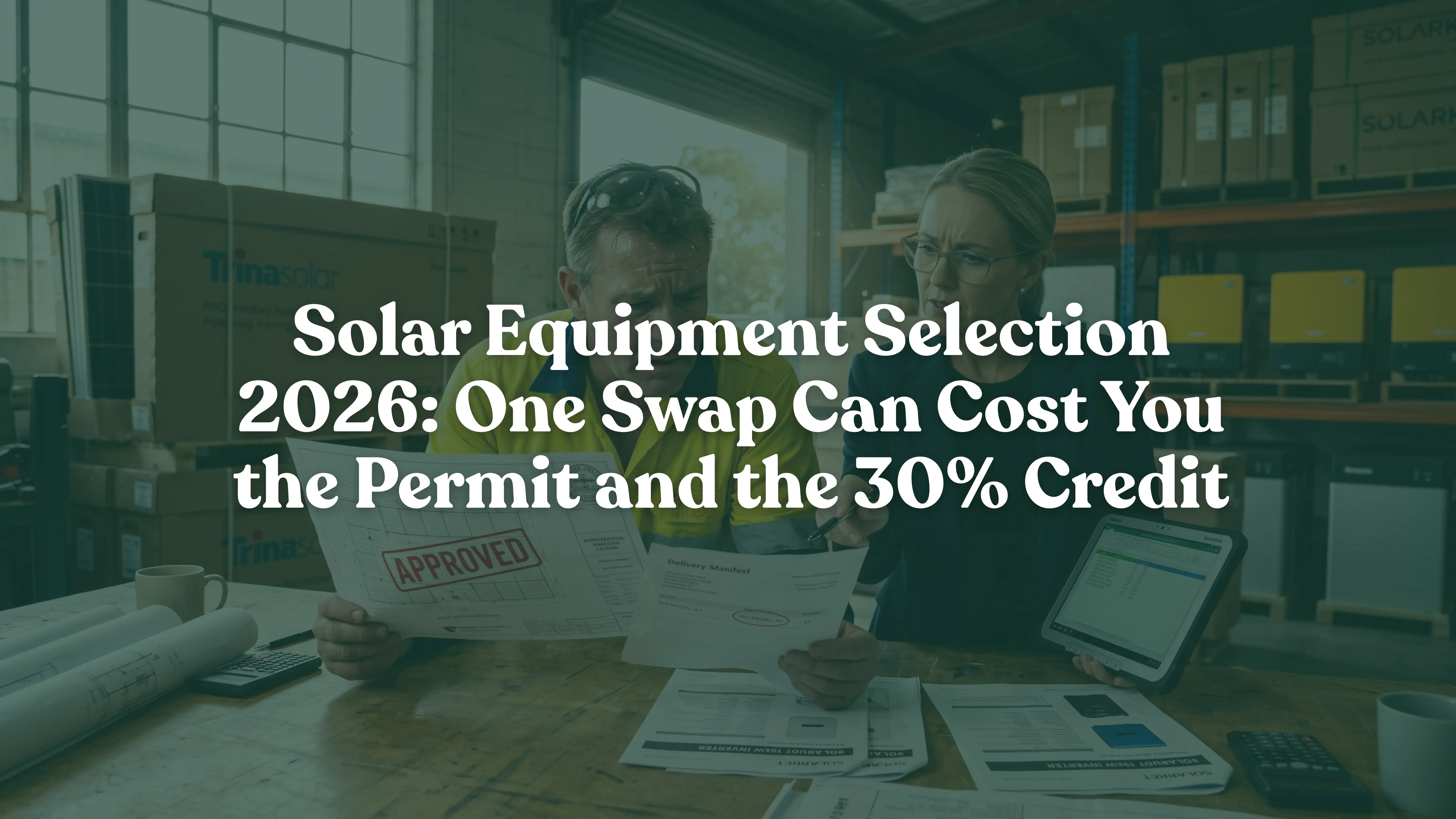 A solar project manager and compliance auditor looking concerned while comparing stamped solar permitting blueprints against an equipment spec sheet in a warehouse to prevent tax credit loss.