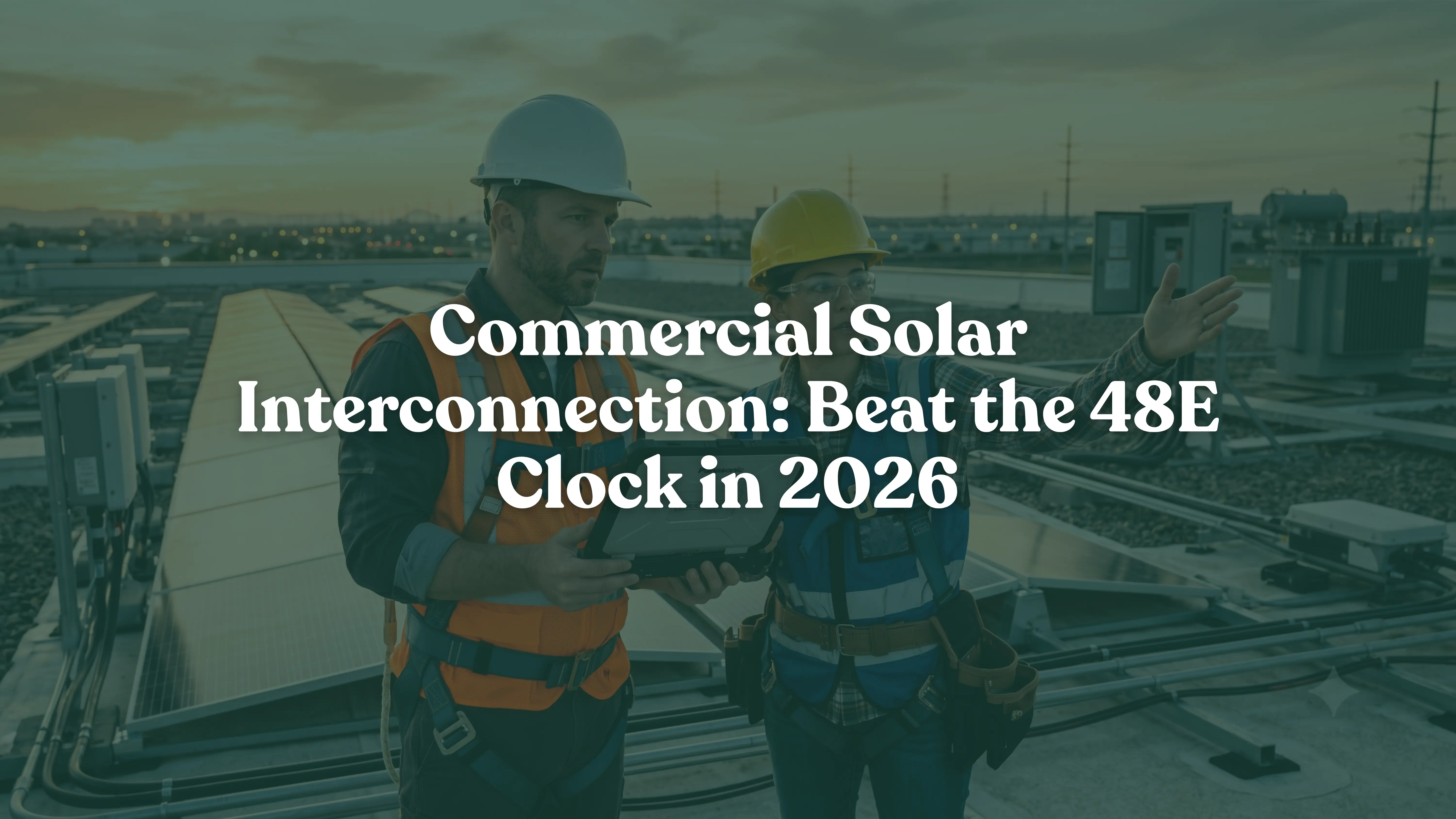 Commercial solar project manager and engineer reviewing utility interconnection timeline and PTO deadlines on a warehouse rooftop solar installation.