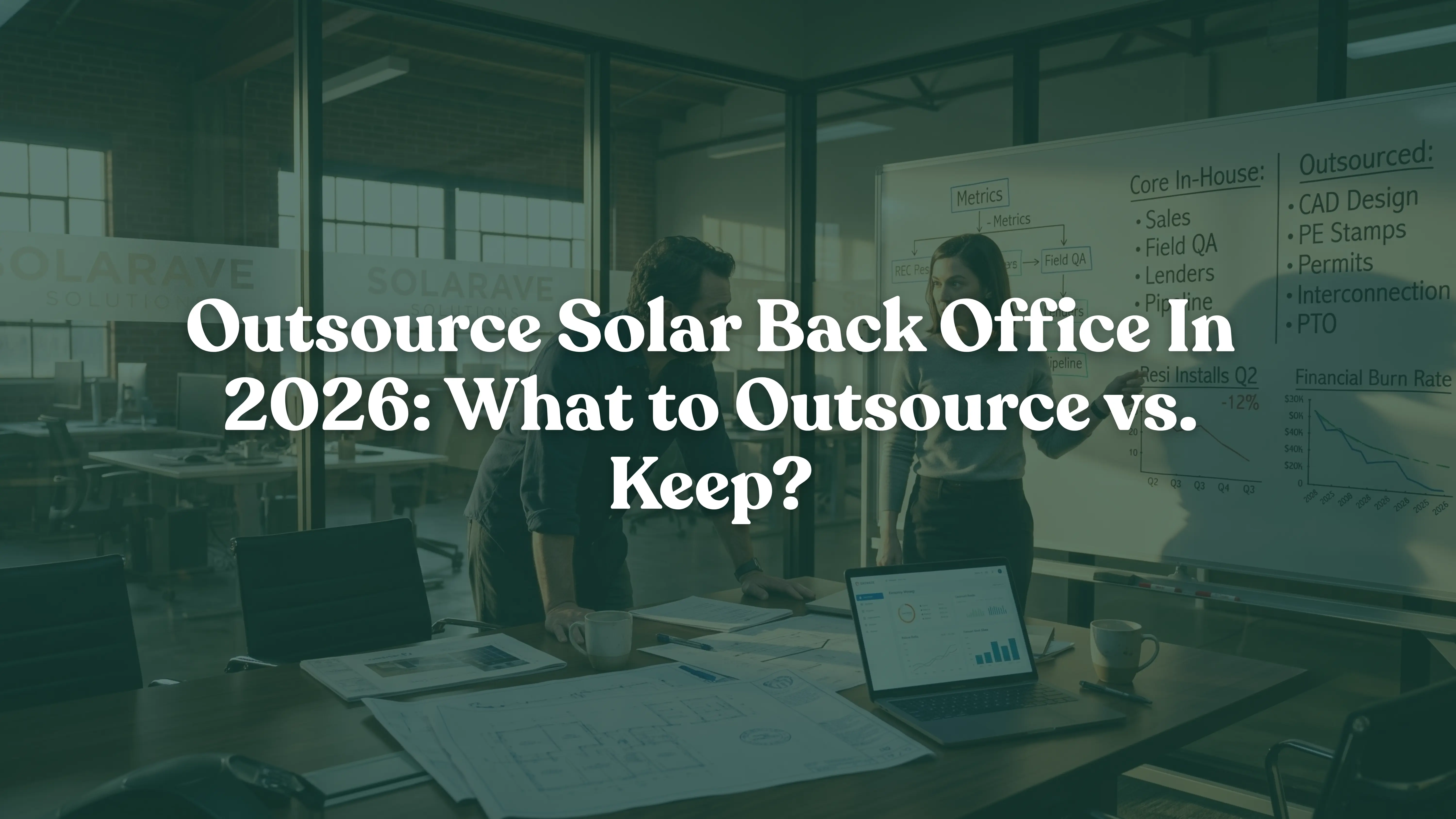 Solar company leadership reviewing back-office outsourcing strategy and CAD permitting workflows during the 2026 residential solar market slowdown.