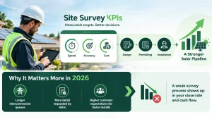 Solar site survey KPI infographic showing speed, accuracy, and cost metrics connected to design, permitting, installation, and solar project pipeline performance.