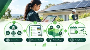 Solar site survey KPI infographic showing four steps: centralized data management, standardized checklists, regional targets, and weekly KPI reviews.