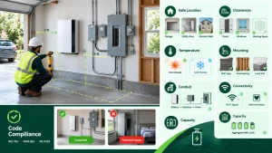 Solar battery retrofit infographic showing battery location assessment, code compliance, clearances, mounting, conduit routing, temperature, connectivity, and aggregate battery capacity.