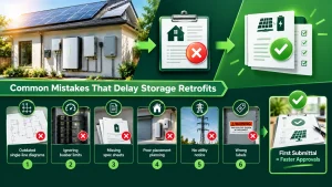 Solar battery permit mistakes infographic highlighting outdated diagrams, busbar limits, missing spec sheets, poor battery placement, utility notices, and incorrect labels that delay approvals.