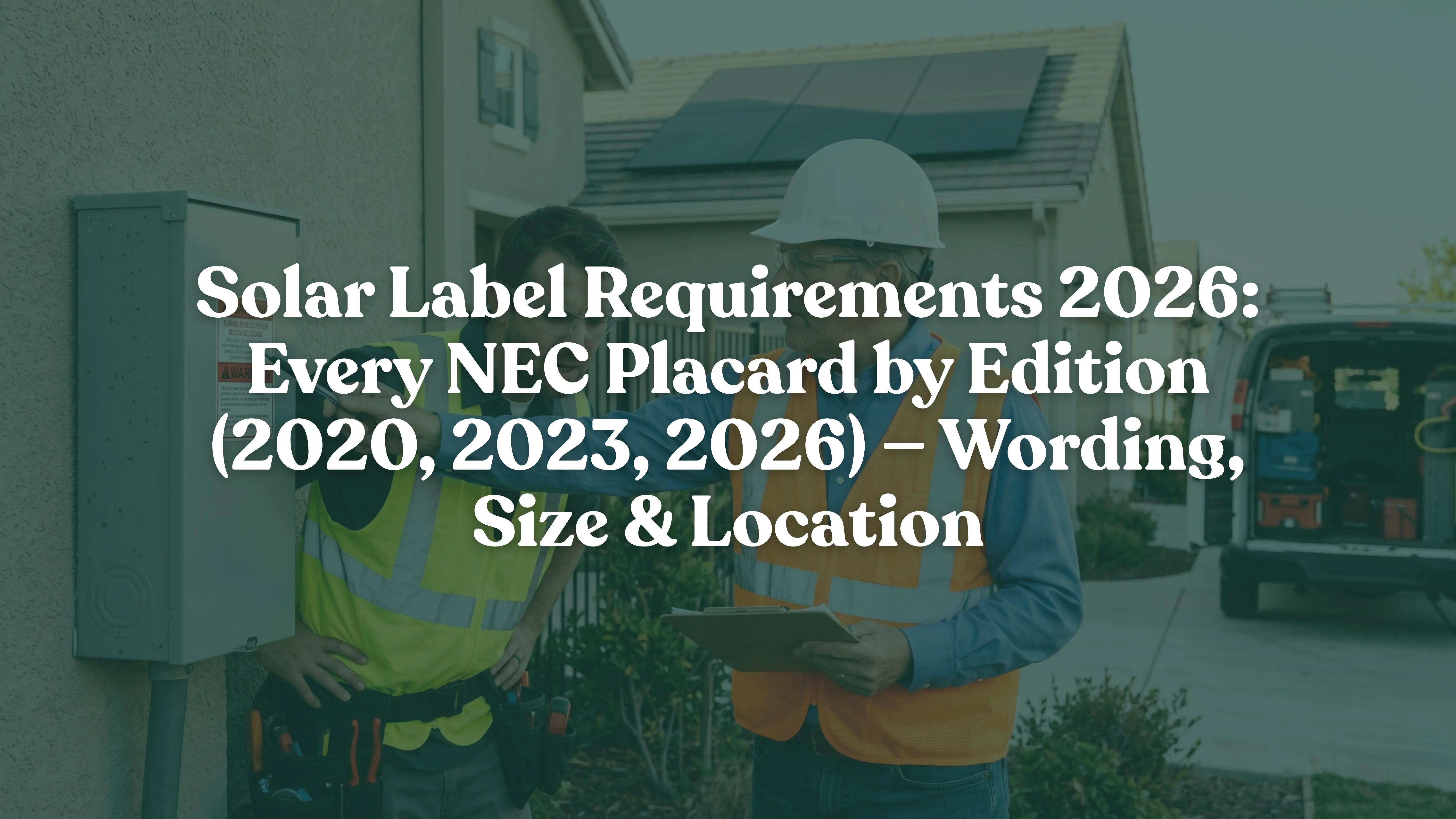 Solar electrical contractor and building inspector reviewing NEC code compliance labels and rapid shutdown placards on an outdoor residential solar disconnect enclosure.