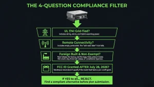 Solar inverter nameplate showing the FCC ID used to check compliance with the FCC solar inverter ban