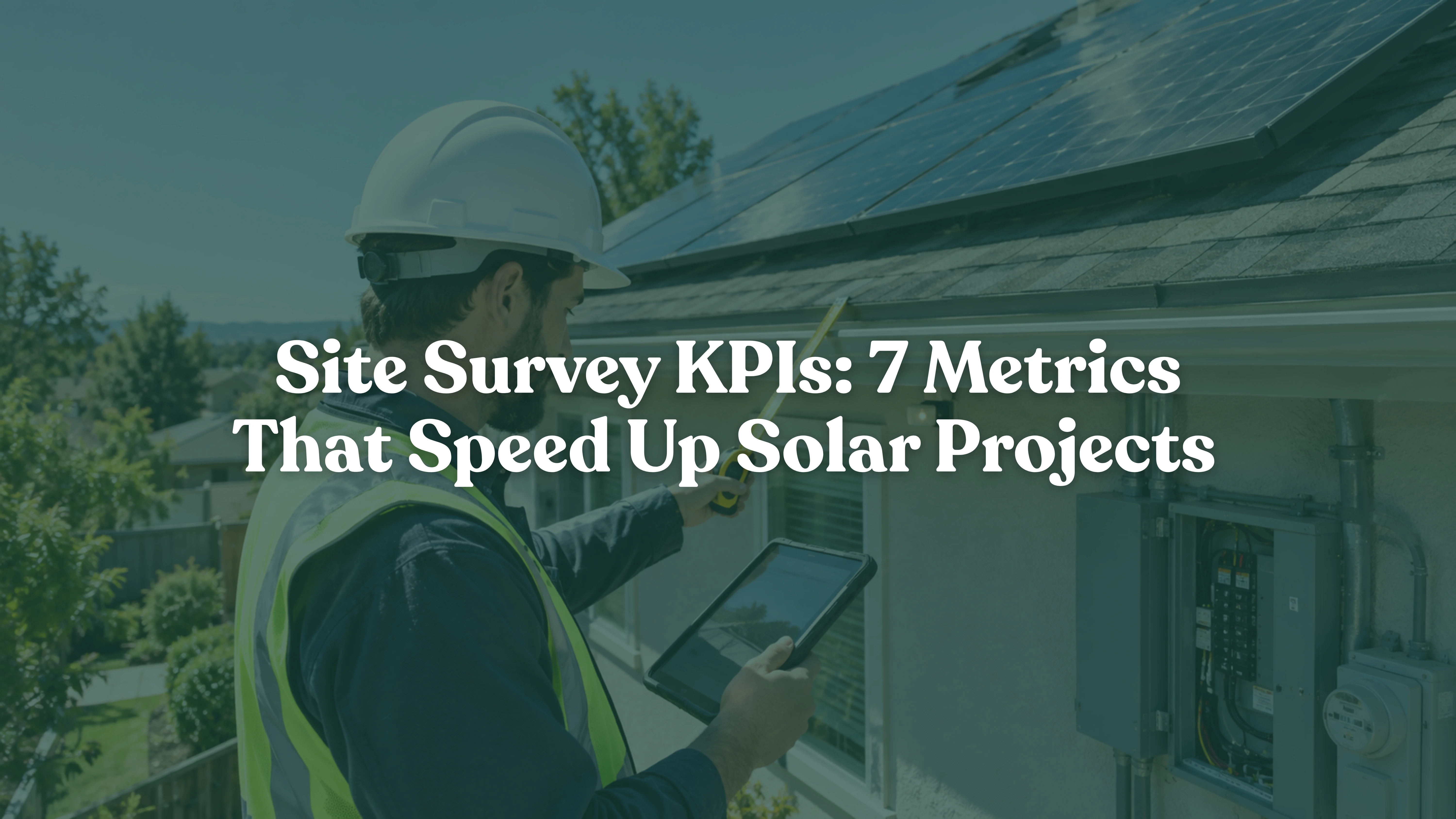Solar site surveyor measuring a residential rooftop solar installation while documenting roof and electrical panel details on a tablet.
