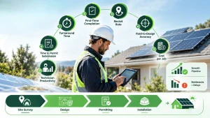 Solar site survey KPI infographic highlighting seven key metrics: turnaround time, completion rate, revisit rate, accuracy, cost per job, permit submission time, and technician productivity.