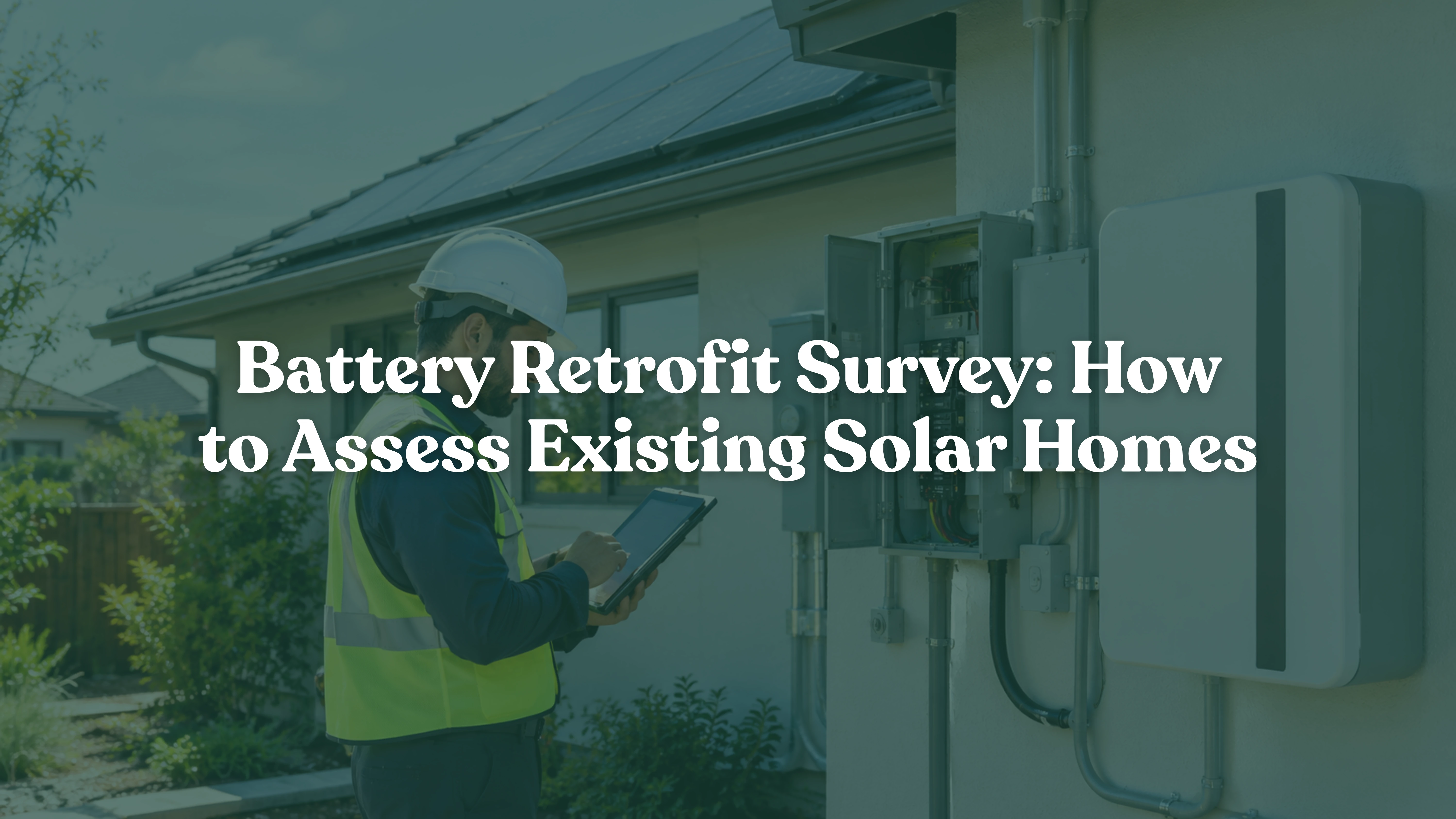 Solar technician conducting a battery retrofit survey of an existing residential solar system and electrical panel for home energy storage installation.