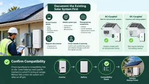 Battery retrofit survey infographic showing existing solar system documentation, inverter compatibility, and AC-coupled versus DC-coupled battery storage options.