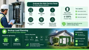 Solar battery retrofit infographic showing main service panel evaluation, NEC 705.12 120% rule, backup load planning, and battery sizing for existing solar homes.