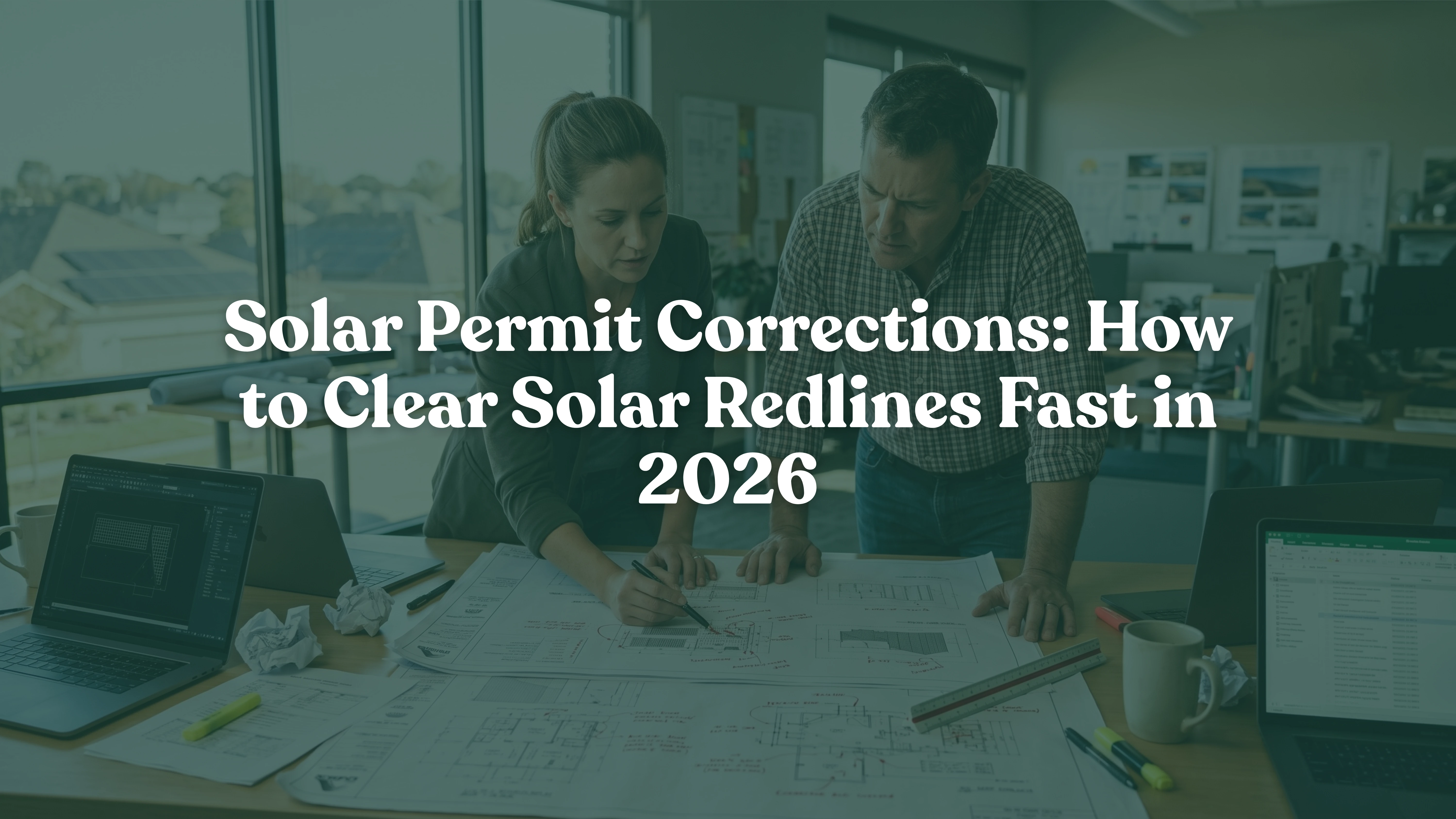 Solar engineer and project manager reviewing AHJ plan check redlines and solar permit correction blueprints in an EPC office