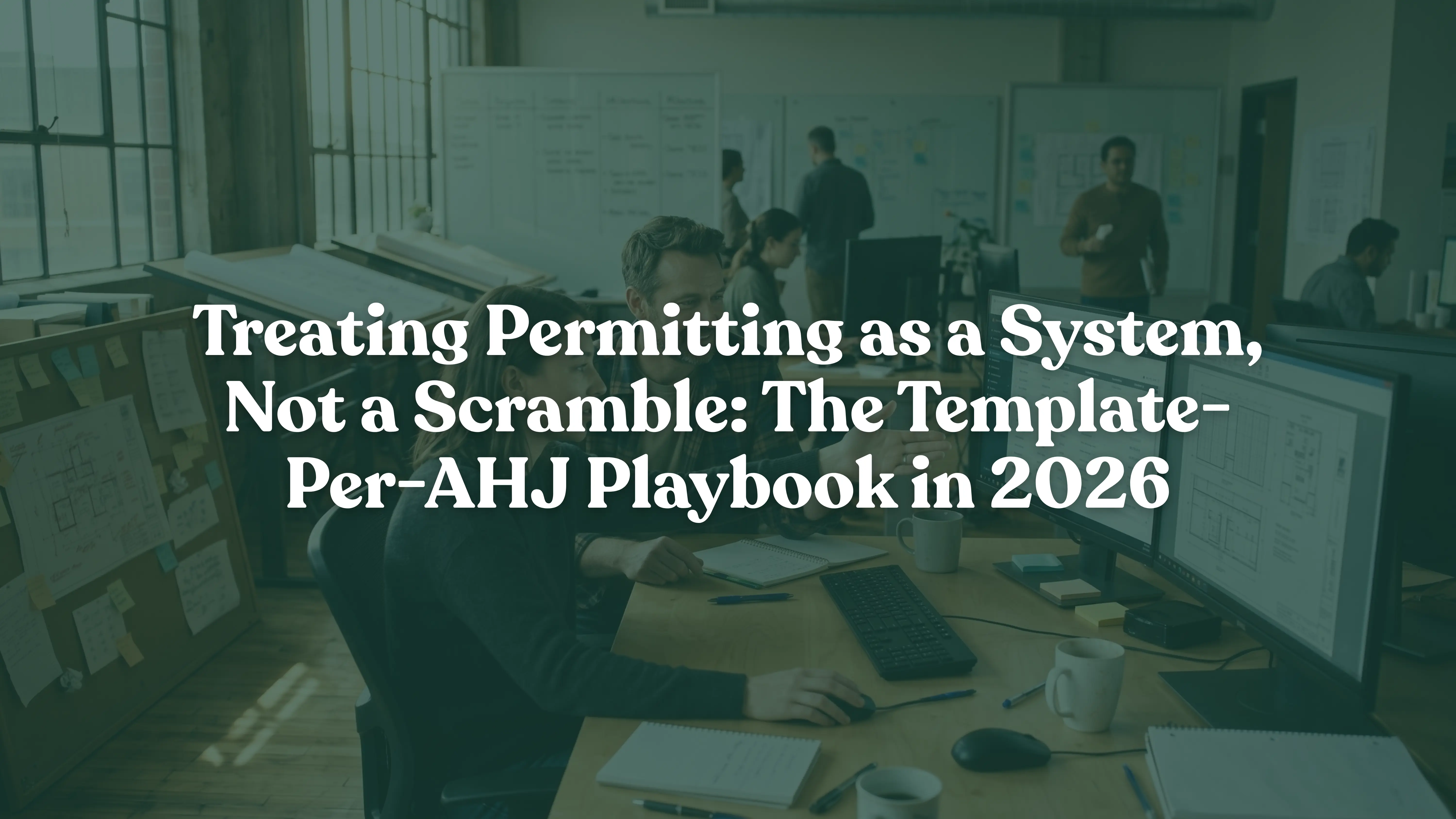 Solar permit coordinator and engineer collaborating at a dual-monitor desk using a centralized digital AHJ permitting template in a solar EPC design office.