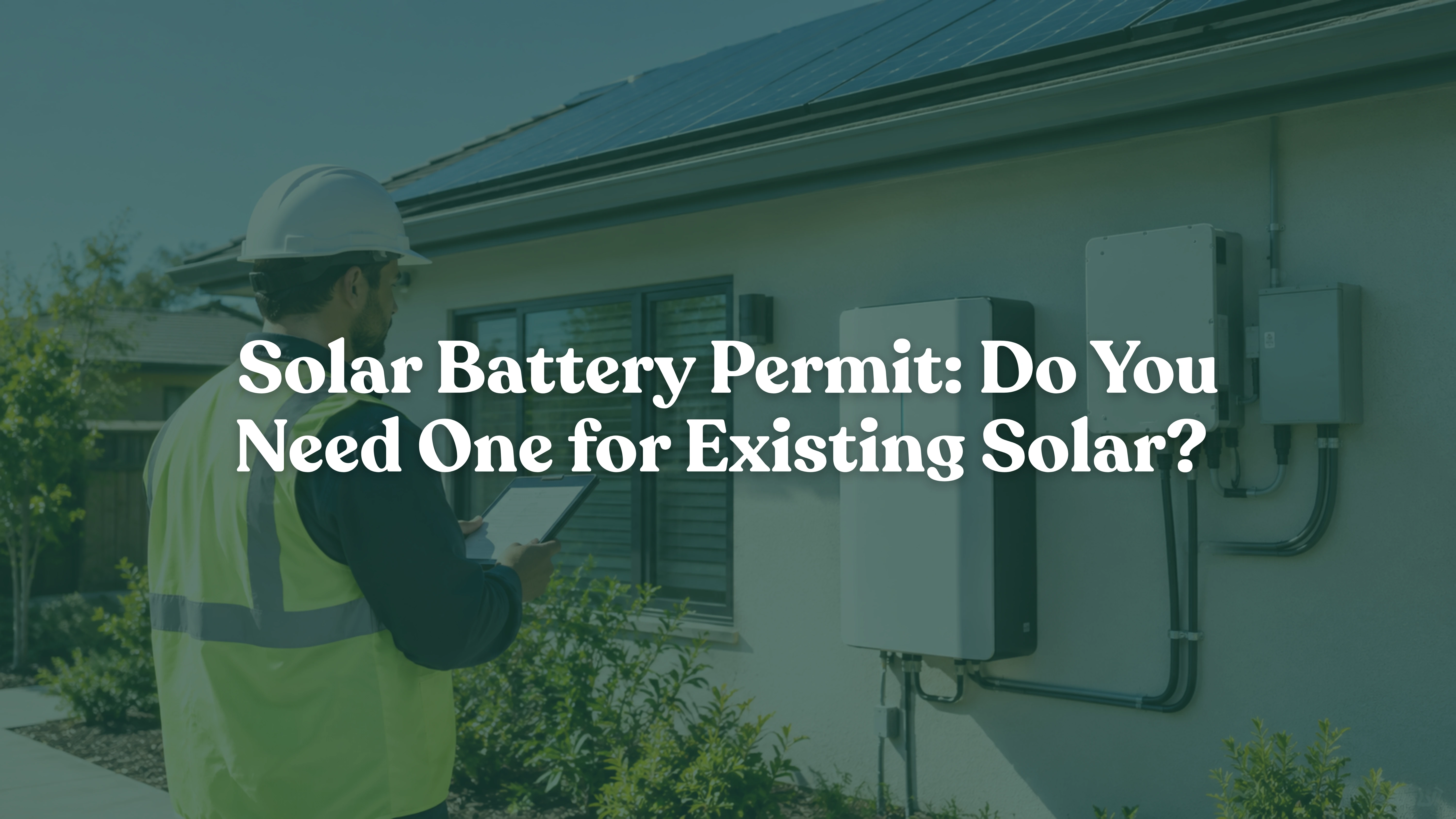 Solar battery retrofit with rooftop solar panels, home battery storage, and an installer reviewing system details for permit approval.