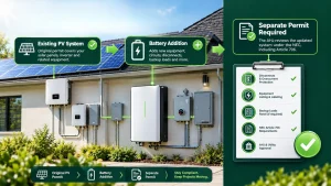 Solar battery permit infographic showing existing PV systems, battery additions, NEC Article 706 requirements, and separate permit approval.