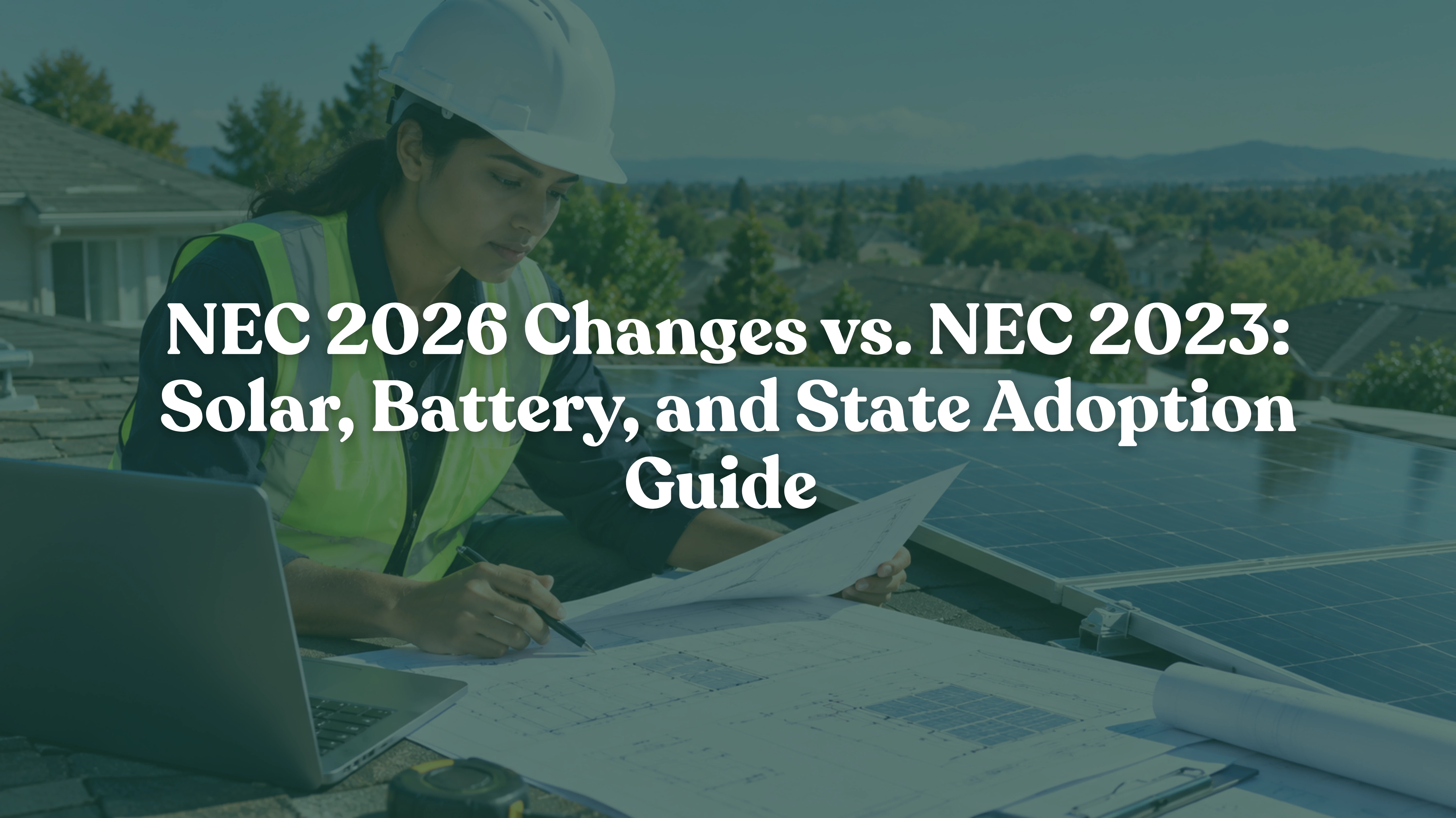 Solar engineer reviewing photovoltaic installation plans beside rooftop solar panels to ensure NEC 2026 electrical code compliance and prevent solar permit rejections.