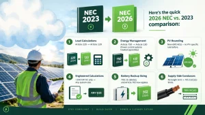 Infographic comparing six key NEC 2026 updates for U.S. solar installers and EPCs, covering load calculations, energy management, PV rounding, engineered calculations, battery backup sizing, and supply-side conductor limits.