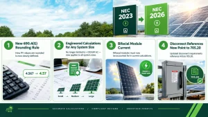Infographic highlighting four NEC 2026 photovoltaic calculation changes, including the new 690.4(G) rounding rule, engineered calculations for all system sizes, bifacial module current, and updated disconnect references to Article 705.20.
