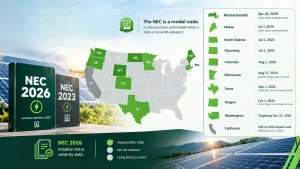 U.S. map infographic showing state-level NEC 2026 adoption dates and status as of October 2026, highlighting Massachusetts, Maine, North Dakota, Wyoming, Colorado, Minnesota, Texas, Oregon, Washington, and California, with notes on state amendments and adoption timelines.