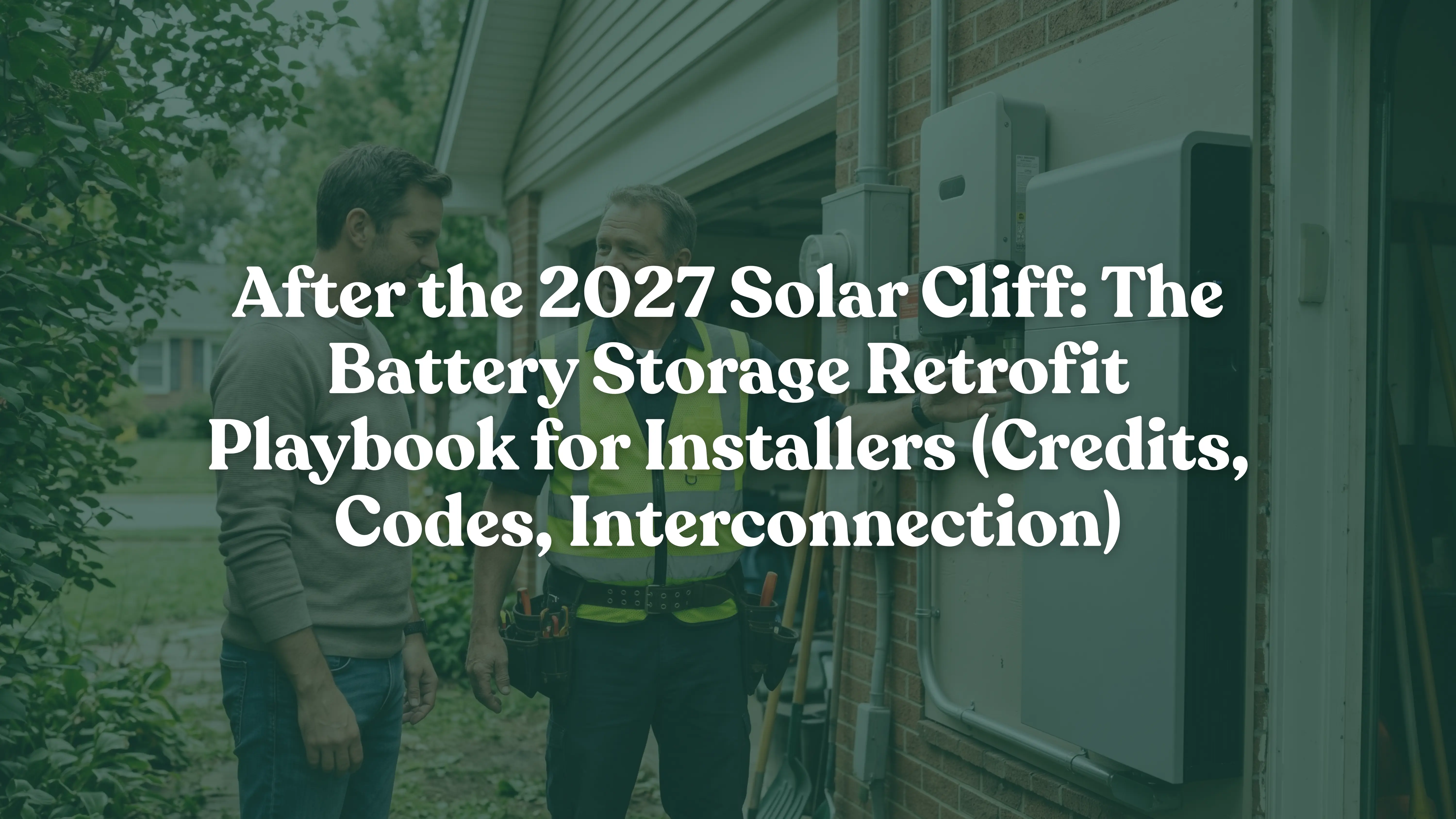 Certified solar technician explaining a newly installed residential wall-mounted battery storage retrofit system to a homeowner outside a modern suburban house.