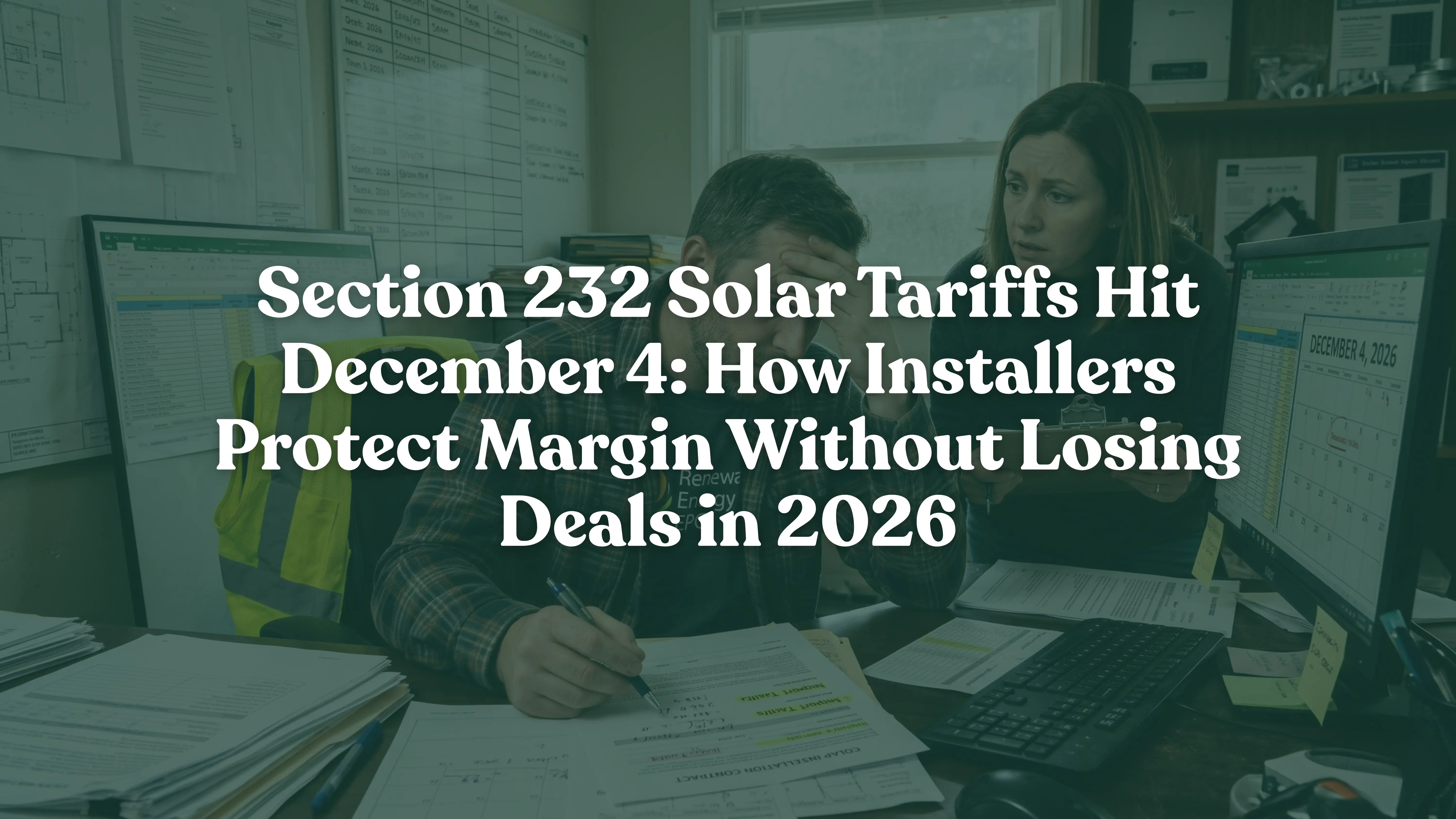 A stressed US solar installer and EPC manager at a desk audit 2026 project pipelines and rising import costs ahead of the December 4, 2026 Section 232 solar tariff deadline.