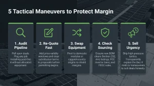 Solar tariffs 2026 margin math: $0.10/W tariff adds $800 to an 8 kW job and cuts one-third of a $2,320 profit