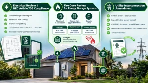 Solar battery permit requirements infographic covering NEC Article 706 electrical compliance, fire code safety, and utility interconnection approval.